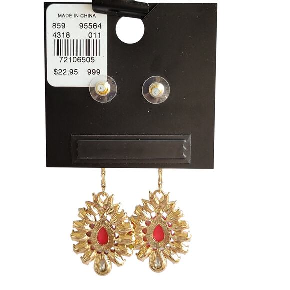 Gold Tone Drop Earrings Multicolor Resin Stones 2.75" Long Rhinestone, Gift Bag - Picture 5 of 13